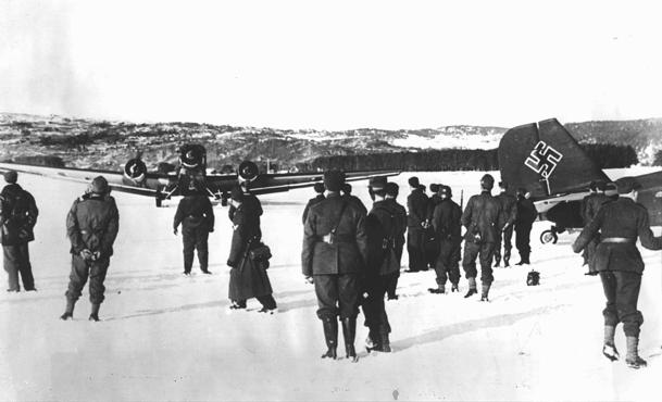 German troops and bombers on an improvised airfield during the battle for Norway, May 3, 1940.