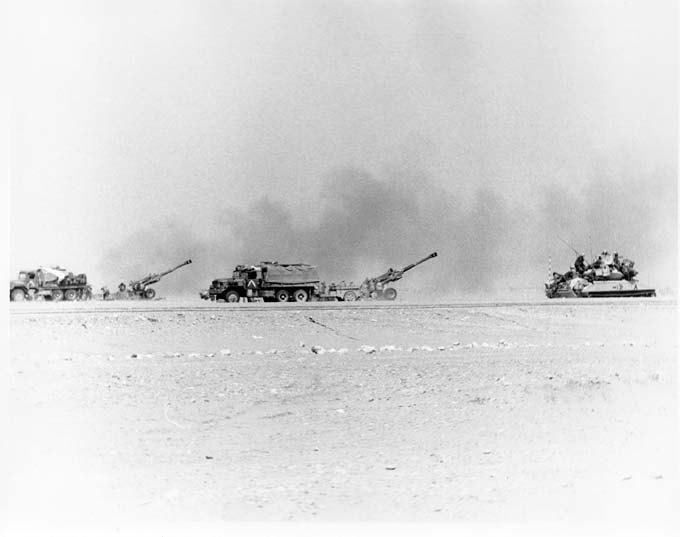 howitzers of the 18th Field Artillery Brigade firing on February 24, 1991